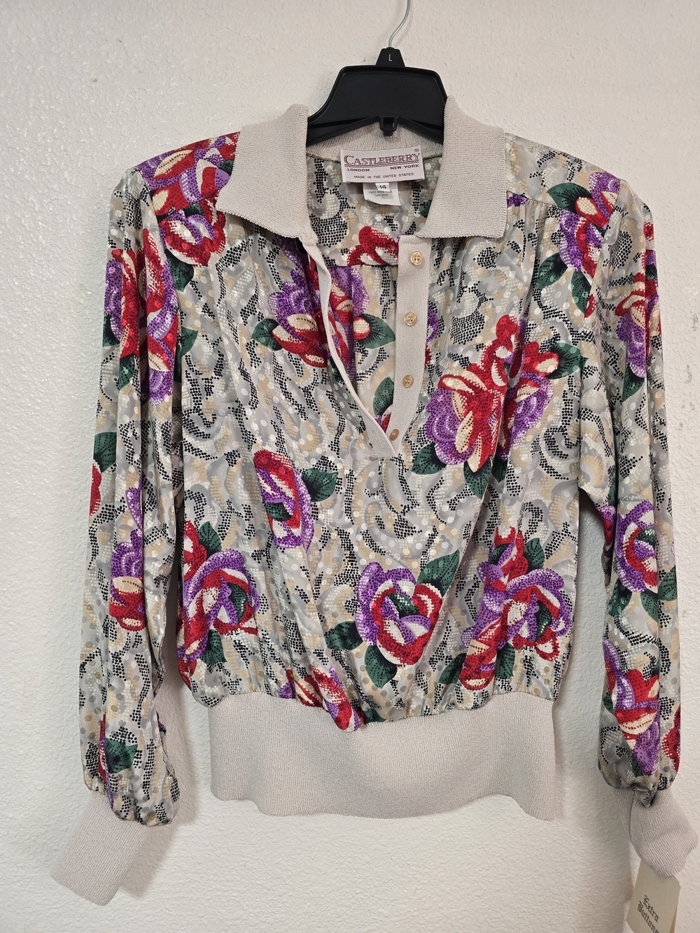 NWT Vintage 80s Castleberry Floral Knit Polo Blouse Size 14 Made in USA Deadstoc - Picture 3 of 11